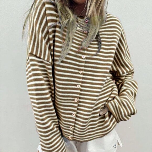 Brown Casual Women's Vivid Style Street Striped Knit Cardigan sweater - Picture 7 of 7